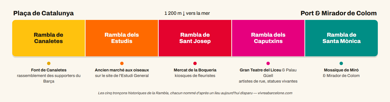 Schéma des cinq tronçons historiques de la Rambla de Barcelone, de la Plaça de Catalunya au port : Canaletes, Estudis, Sant Josep, Caputxins, Santa Mònica