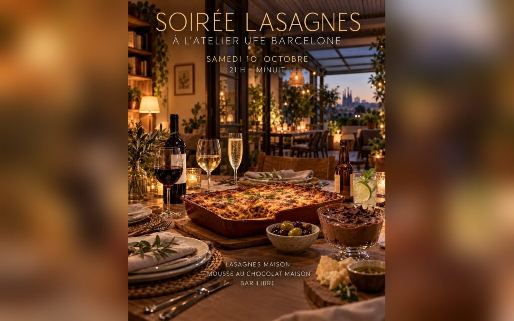 Affiche de la soirée lasagnes de l’UFE Barcelone, samedi 10 octobre