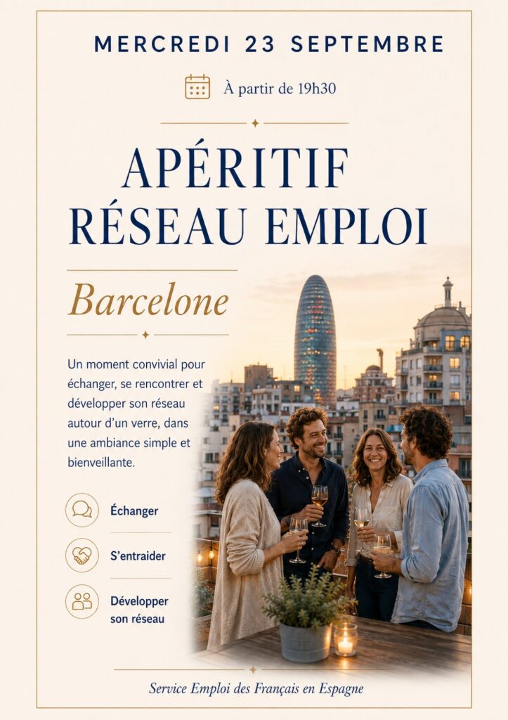 Affiche de l'apéritif Réseau Emploi Barcelone, mercredi 23 septembre 2026, organisé par le Service Emploi des Français en Espagne