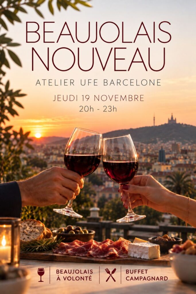 Affiche de la soirée Beaujolais Nouveau 2026, Atelier UFE Barcelone