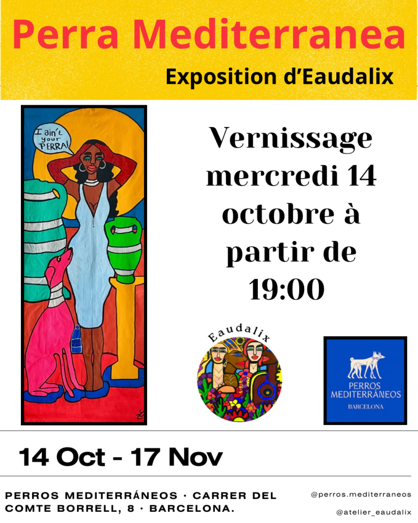 Affiche de l’exposition Perra Mediterránea : une femme en robe bleue et un chien rose, peints par Eaudalix