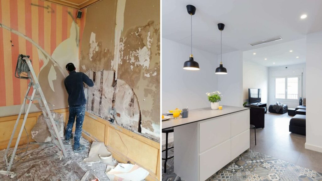 Deux réalisations de Key Barcelona : un chantier de rénovation en cours et un appartement rénové avec cuisine ouverte et carreaux hydrauliques